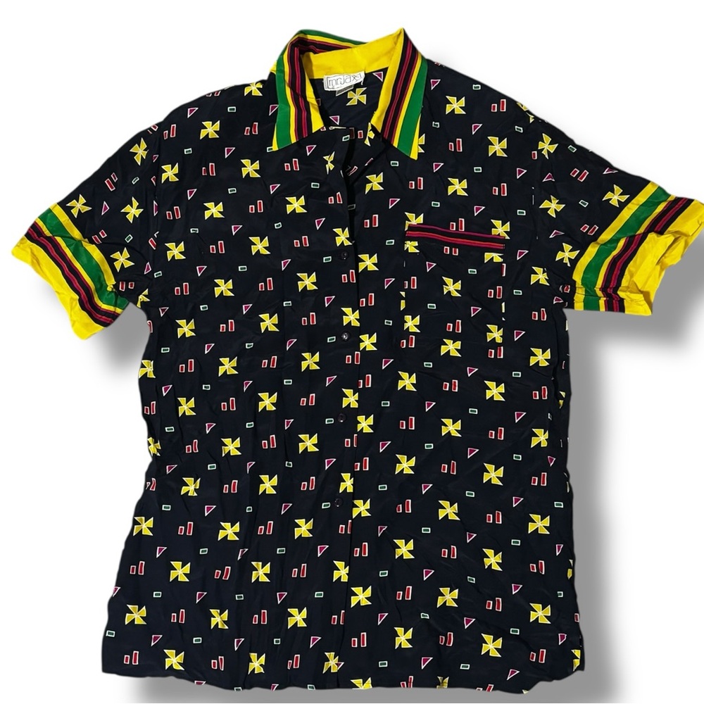 VTG 90s‎ Mr. Jax Silk Button Shirt Rasta Stripe Funky Print Sz M Unisex Tropical